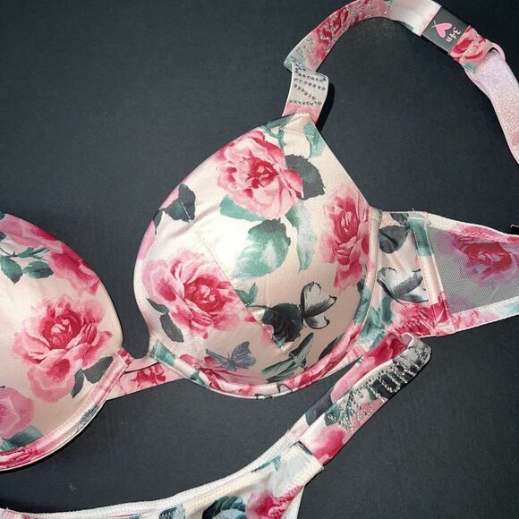 Victoria's Secret 34B,34D BRA SET S Panty Lot floral satin PINK rose SHINE STRAP - Picture 4 of 7
